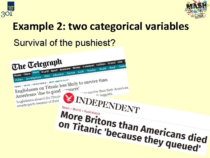Example 2: two categorical variables Survival of the pushiest? 