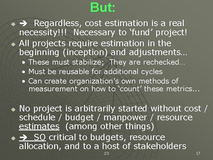 But: u u Regardless, cost estimation is a real necessity!!! Necessary to ‘fund’ project!