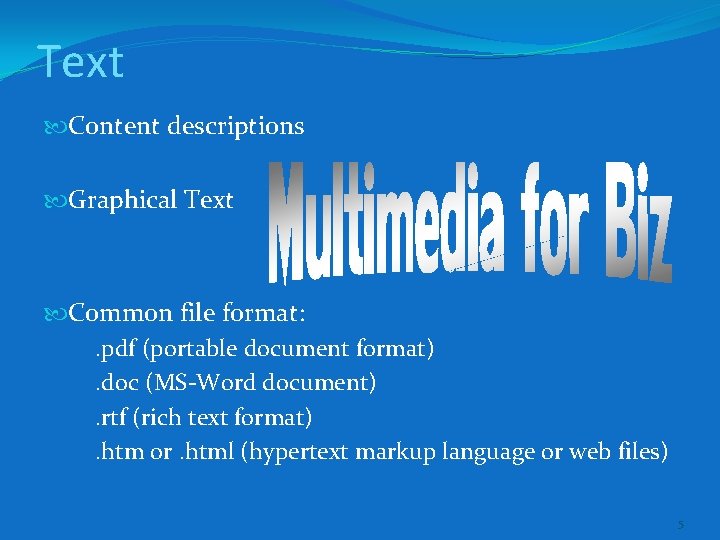 Text Content descriptions Graphical Text Common file format: . pdf (portable document format) .