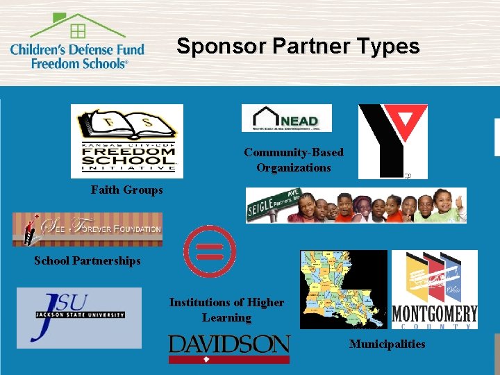 Sponsor Partner Types Community-Based Organizations Faith Groups School Partnerships Institutions of Higher Learning Municipalities