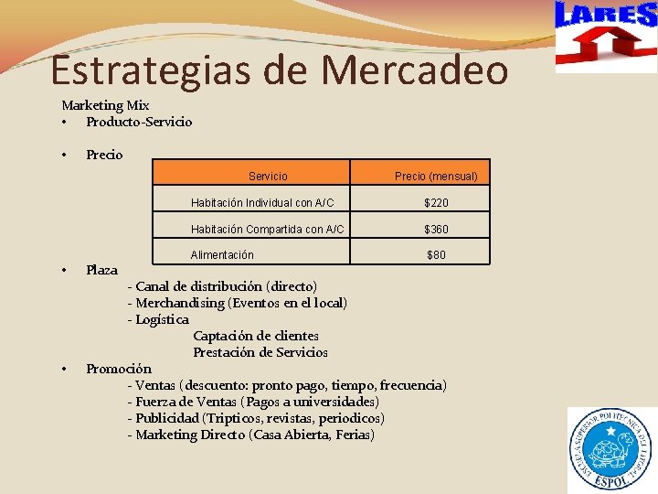 Estrategias de Mercadeo Marketing Mix • Producto-Servicio • Precio Servicio • • Plaza Precio