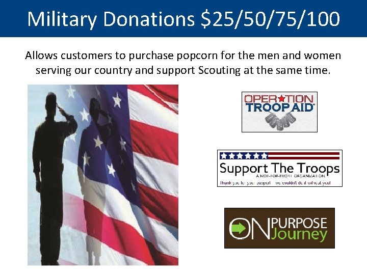 Military Donations $25/50/75/100 For the Health Conscious Allows customers to purchase popcorn for the