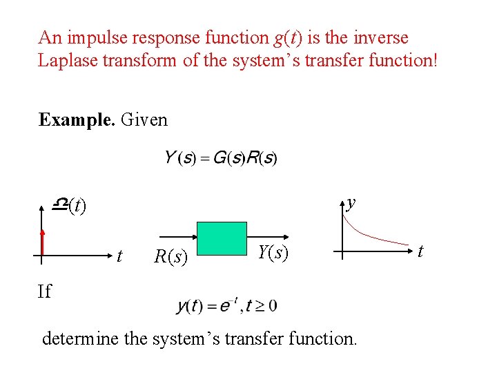 An impulse response function g(t) is the inverse Laplase transform of the system’s transfer