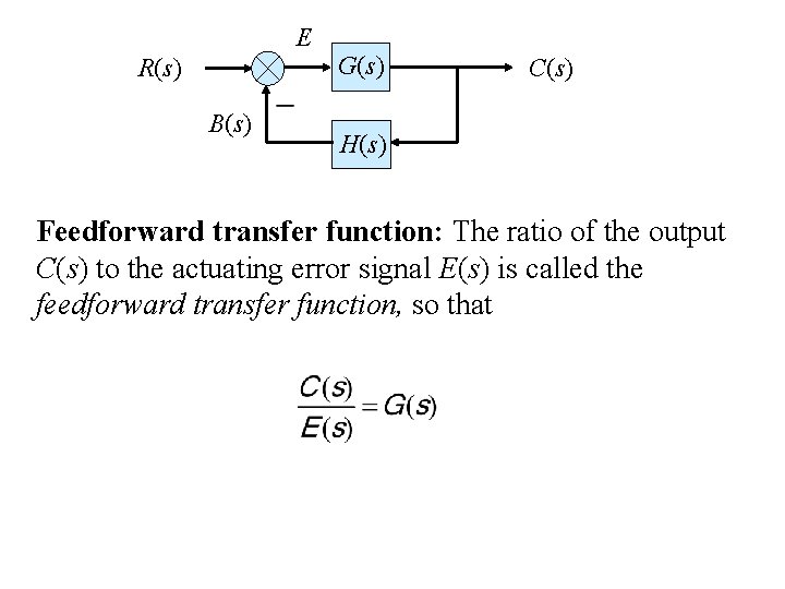 E R(s) B(s) G(s) C(s) H(s) Feedforward transfer function: The ratio of the output