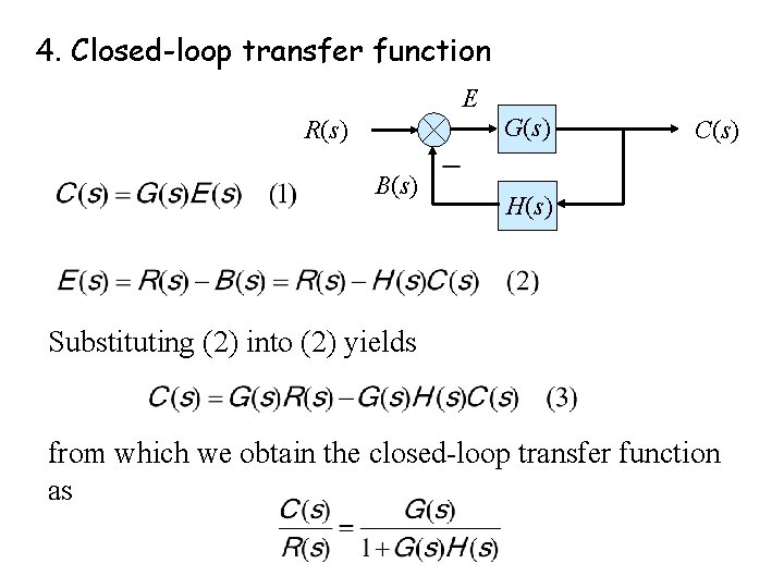 4. Closed-loop transfer function E R(s) B(s) G(s) C(s) H(s) Substituting (2) into (2)