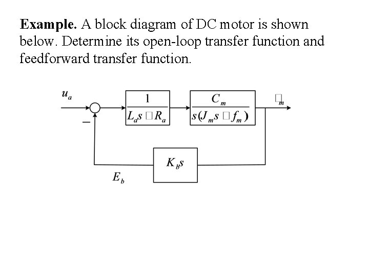 Example. A block diagram of DC motor is shown below. Determine its open-loop transfer