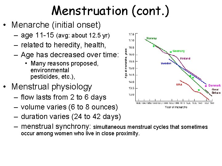 Menstruation (cont. ) • Menarche (initial onset) – age 11 -15 (avg: about 12. Menstruation (cont. ) • Menarche (initial onset) – age 11 -15 (avg: about 12.