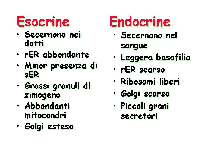 Esocrine • Secernono nei dotti • r. ER abbondante • Minor presenza di s. Esocrine • Secernono nei dotti • r. ER abbondante • Minor presenza di s.