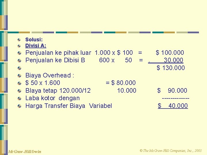 Solusi: Divisi A: Penjualan ke pihak luar 1. 000 x $ 100 = $