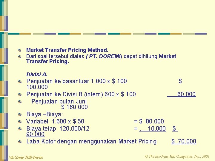 Market Transfer Pricing Method. Dari soal tersebut diatas ( PT. DOREMI) dapat dihitung Market