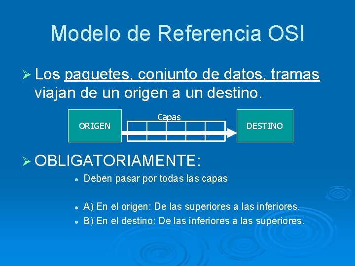 Modelo de Referencia OSI Ø Los paquetes, conjunto de datos, tramas viajan de un