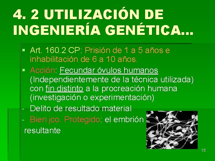 4. 2 UTILIZACIÓN DE INGENIERÍA GENÉTICA… § Art. 160. 2 CP: Prisión de 1