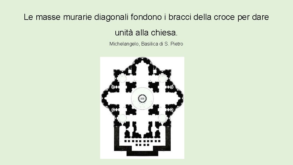 Le masse murarie diagonali fondono i bracci della croce per dare unità alla chiesa.