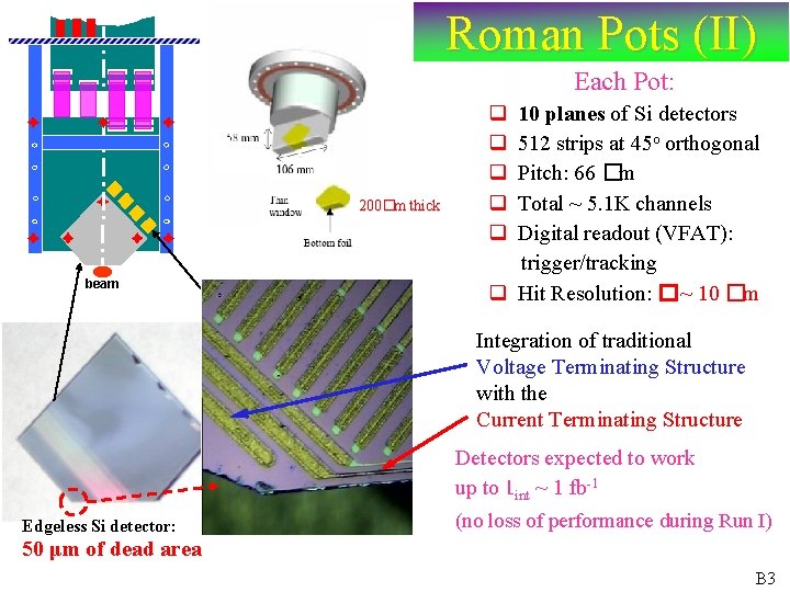 Roman Pots (II) Each Pot: 200�m thick beam q q q 10 planes of