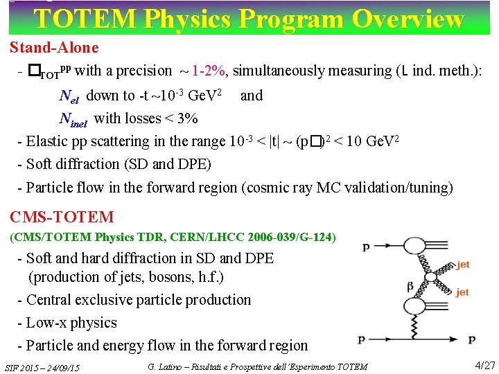TOTEM Physics Program Overview Stand-Alone - �TOTpp with a precision ~ 1 -2%, simultaneously