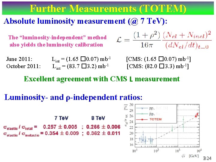 Further Measurements (TOTEM) Absolute luminosity measurement (@ 7 Te. V): The “luminosity-independent” method also