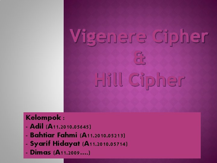 Vigenere Cipher & Hill Cipher Kelompok : - Adil (A 11. 2010. 05645) -