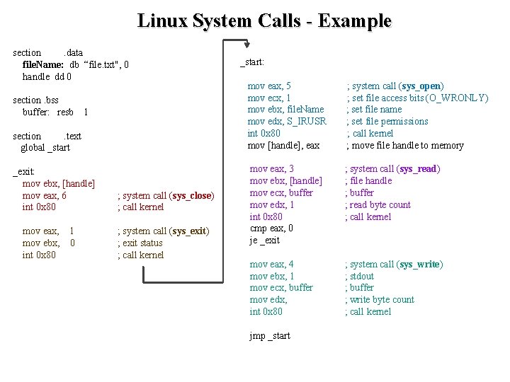 Linux System Calls - Example section. data file. Name: db “file. txt", 0 handle