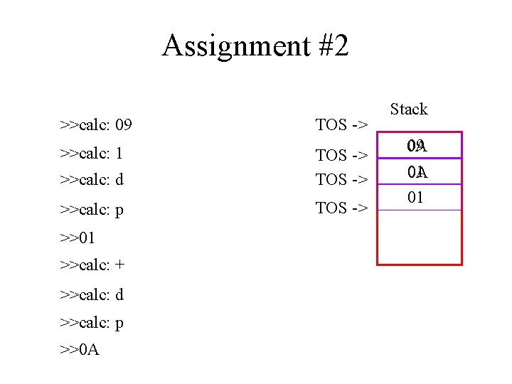 Assignment #2 >>calc: 09 >>calc: 1 >>calc: d >>calc: p >>01 >>calc: + >>calc: