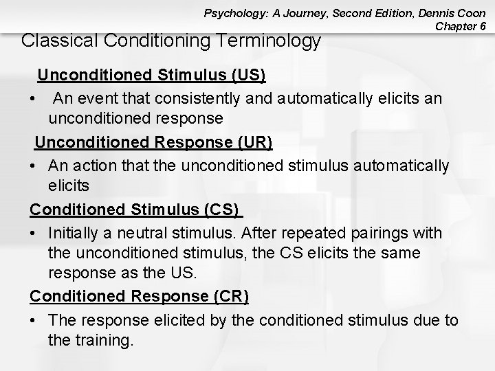 Psychology: A Journey, Second Edition, Dennis Coon Chapter 6 Classical Conditioning Terminology Unconditioned Stimulus