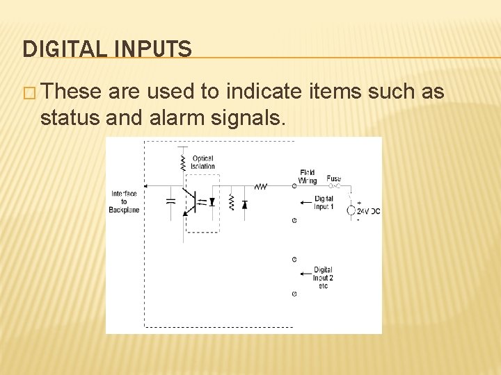 DIGITAL INPUTS � These are used to indicate items such as status and alarm