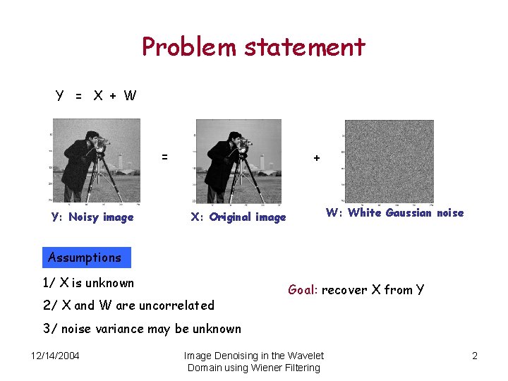 Problem statement Y = X + W = Y: Noisy image + W: White