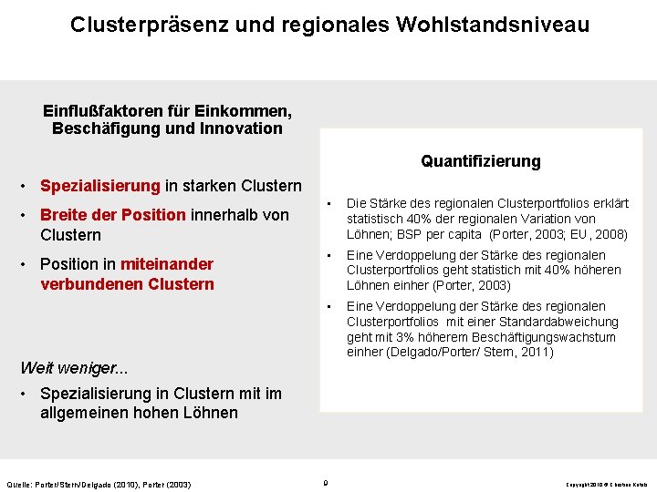 Clusterpräsenz und regionales Wohlstandsniveau Einflußfaktoren für Einkommen, Beschäfigung und Innovation Quantifizierung • Spezialisierung in
