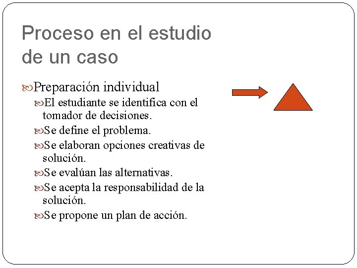 Proceso en el estudio de un caso Preparación individual El estudiante se identifica con