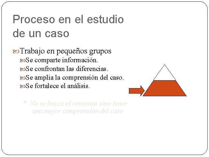 Proceso en el estudio de un caso Trabajo en pequeños grupos Se comparte información.