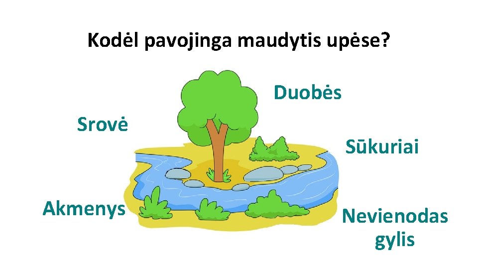 Kodėl pavojinga maudytis upėse? Duobės Srovė Akmenys Sūkuriai Nevienodas gylis 