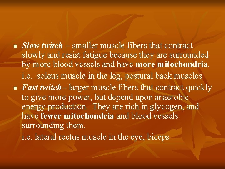 n n Slow twitch – smaller muscle fibers that contract slowly and resist fatigue