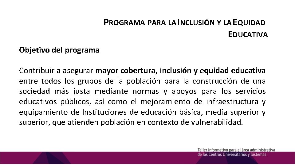 PROGRAMA PARA LA INCLUSIÓN Y LA EQUIDAD EDUCATIVA Objetivo del programa Contribuir a asegurar