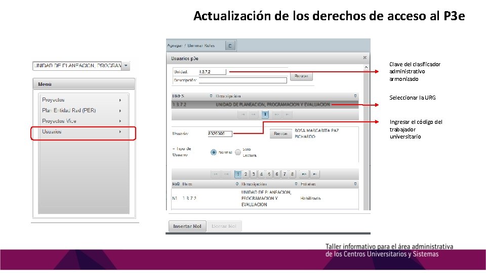 Actualización de los derechos de acceso al P 3 e Clave del clasificador administrativo