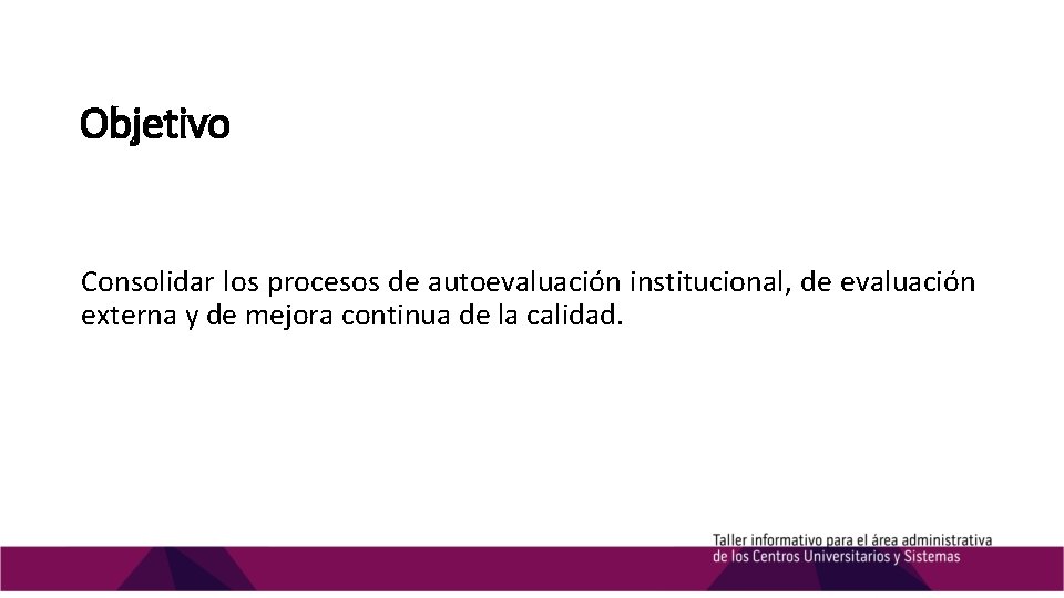 Objetivo Consolidar los procesos de autoevaluación institucional, de evaluación externa y de mejora continua Objetivo Consolidar los procesos de autoevaluación institucional, de evaluación externa y de mejora continua