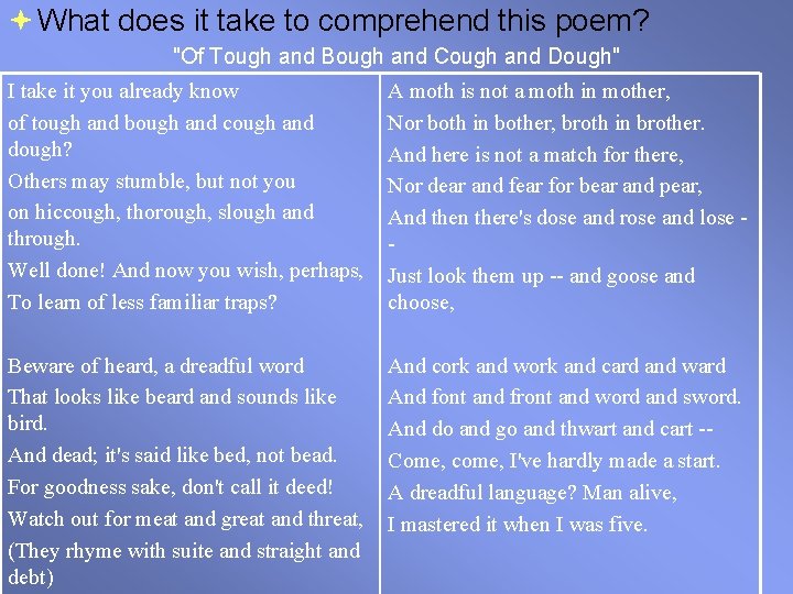  What does it take to comprehend this poem? "Of Tough and Bough and