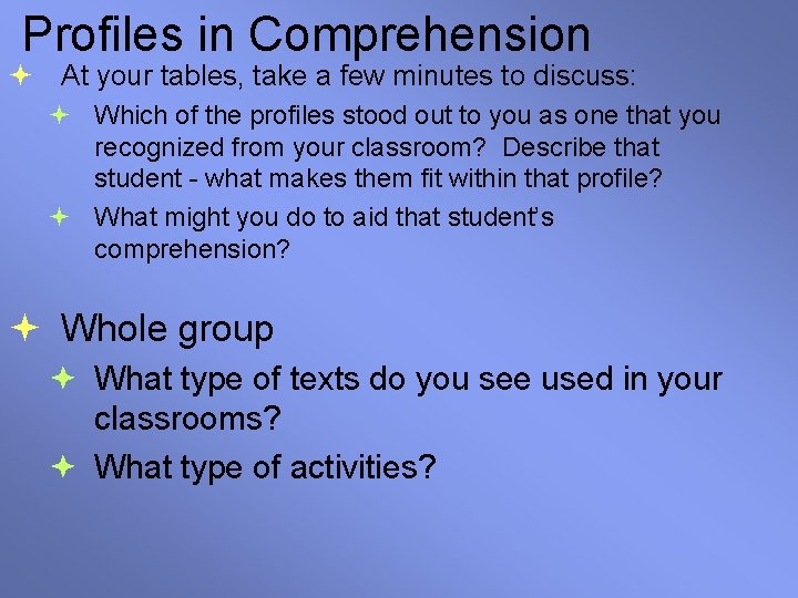 Profiles in Comprehension At your tables, take a few minutes to discuss: Which of
