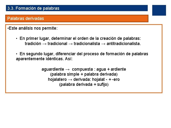 3. 3. Formación de palabras Palabras derivadas • Este análisis nos permite: • En