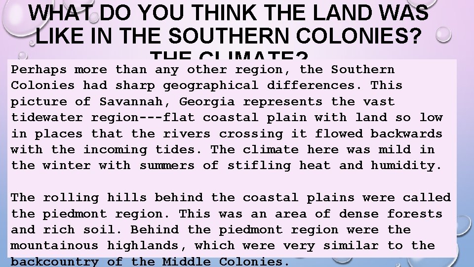 WHAT DO YOU THINK THE LAND WAS LIKE IN THE SOUTHERN COLONIES? CLIMATE? Perhaps