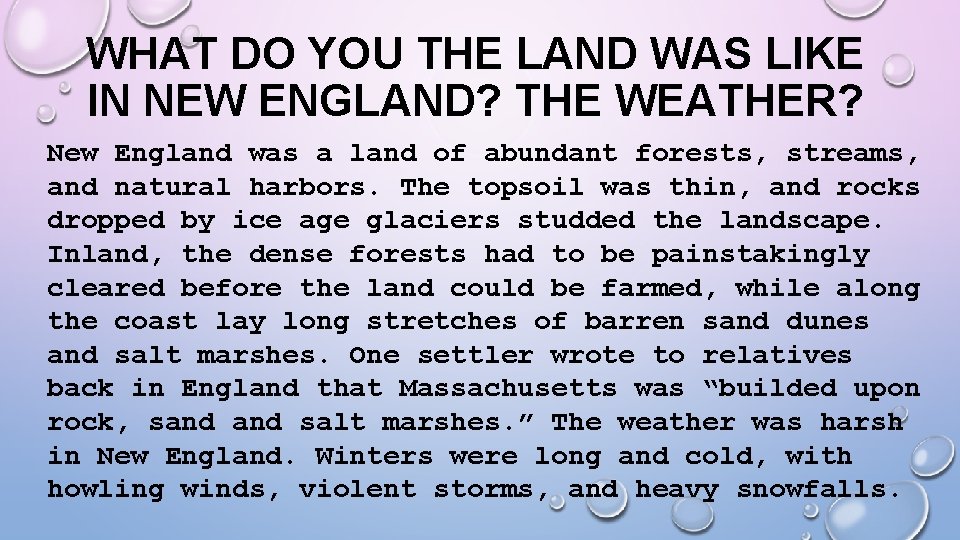 WHAT DO YOU THE LAND WAS LIKE IN NEW ENGLAND? THE WEATHER? New England