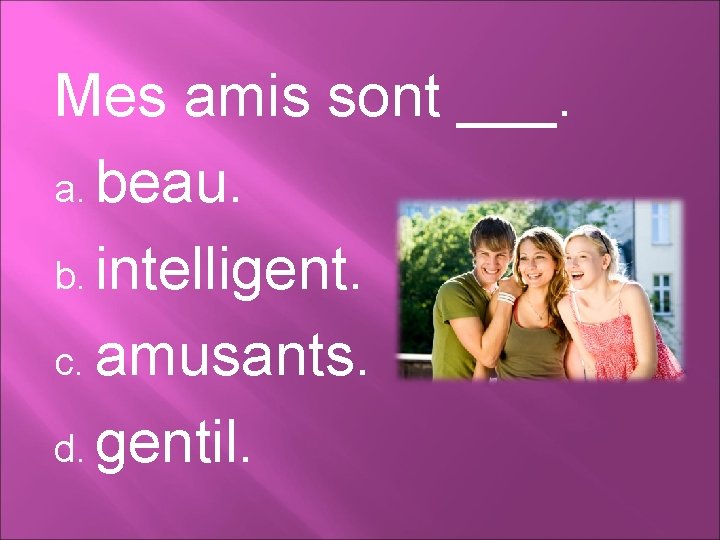 Mes amis sont ___. a. beau. b. intelligent. c. amusants. d. gentil. 