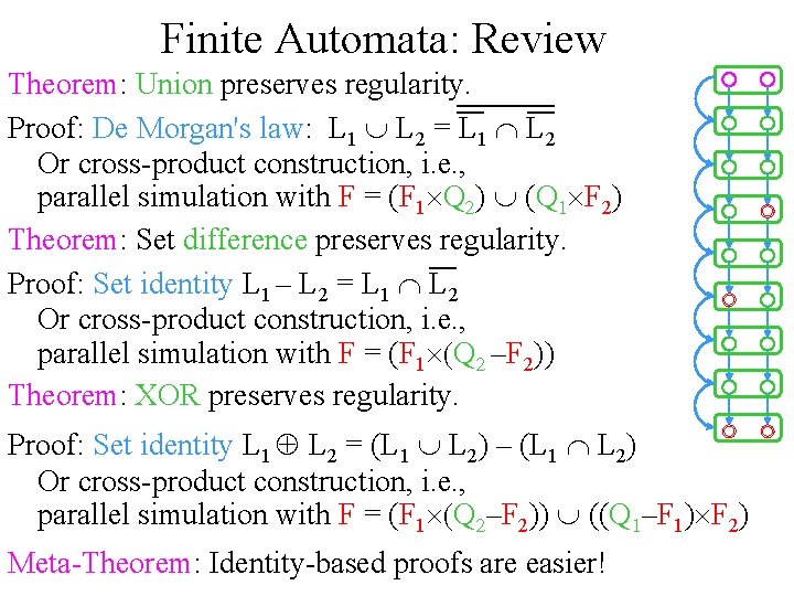 Finite Automata: Review Theorem: Union preserves regularity. Proof: De Morgan's law: L 1 È