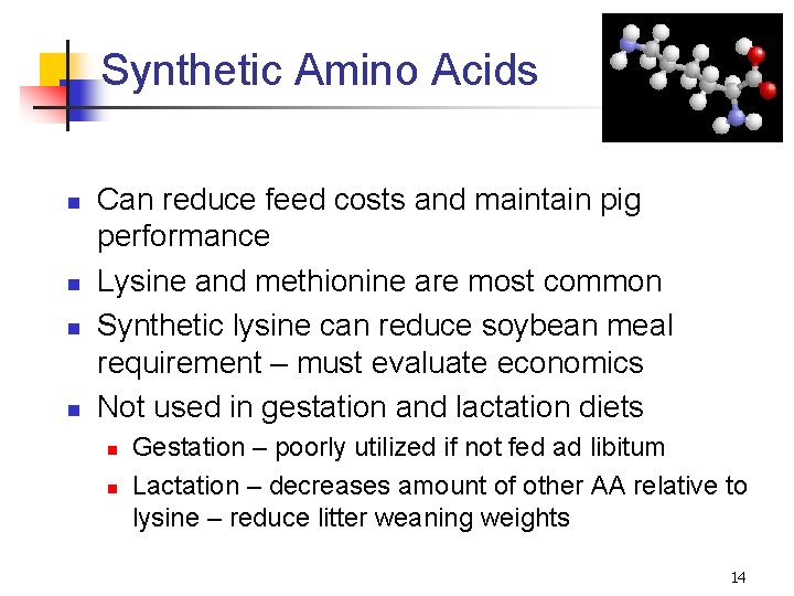 Synthetic Amino Acids n n Can reduce feed costs and maintain pig performance Lysine