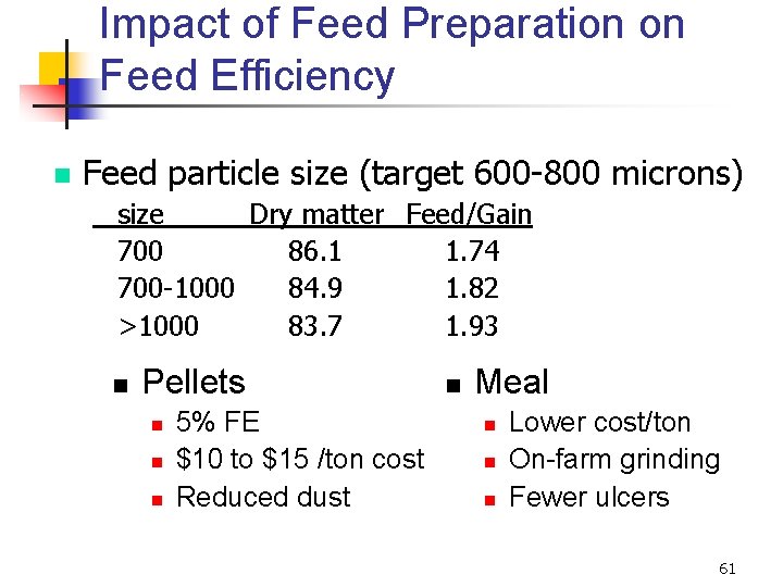 Impact of Feed Preparation on Feed Efficiency n Feed particle size (target 600 -800