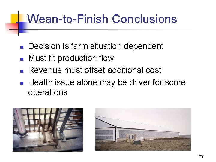 Wean-to-Finish Conclusions n n Decision is farm situation dependent Must fit production flow Revenue
