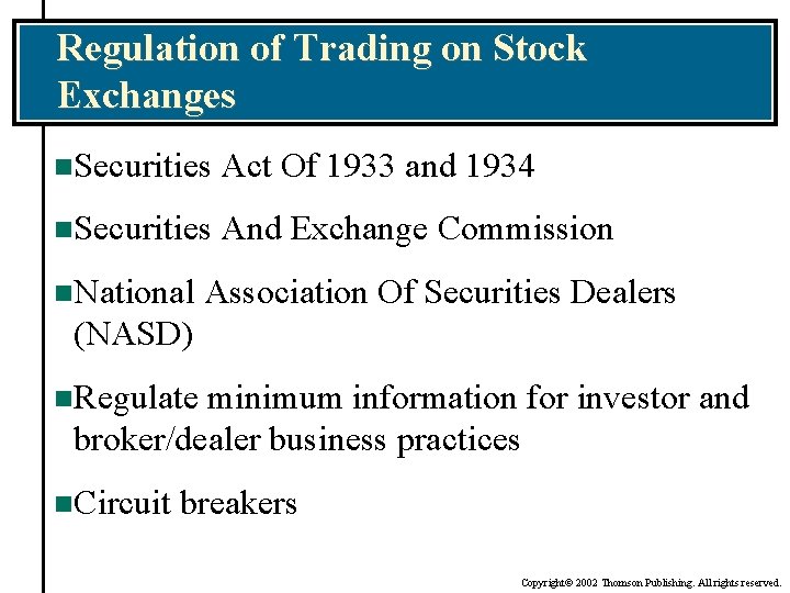 Regulation of Trading on Stock Exchanges n. Securities Act Of 1933 and 1934 n.