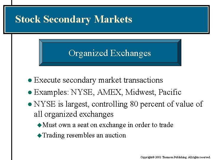 Stock Secondary Markets Organized Exchanges Execute secondary market transactions l Examples: NYSE, AMEX, Midwest,