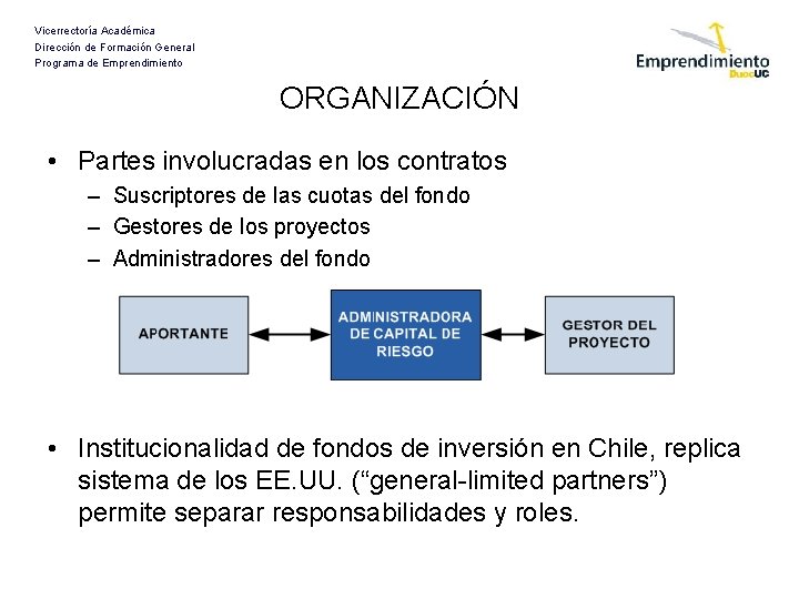 Vicerrectoría Académica Dirección de Formación General Programa de Emprendimiento ORGANIZACIÓN • Partes involucradas en