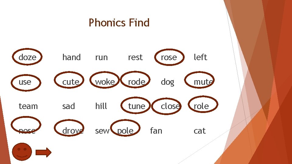 Phonics Find doze hand run rest rose left use cute woke rode dog mute