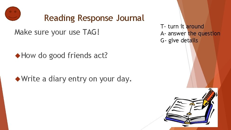 Reading Response Journal Make sure your use TAG! How do good friends act? Write