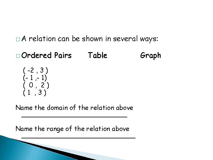 �A relation can be shown in several ways: � Ordered Pairs Table ( -2